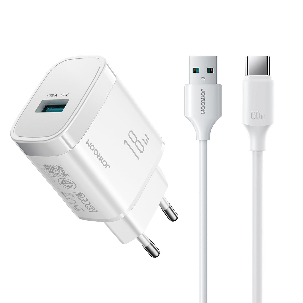 Joyroom JR-TF4 18W sieninis įkroviklis su 3A USB-A - USB-C 1m laidu - baltas