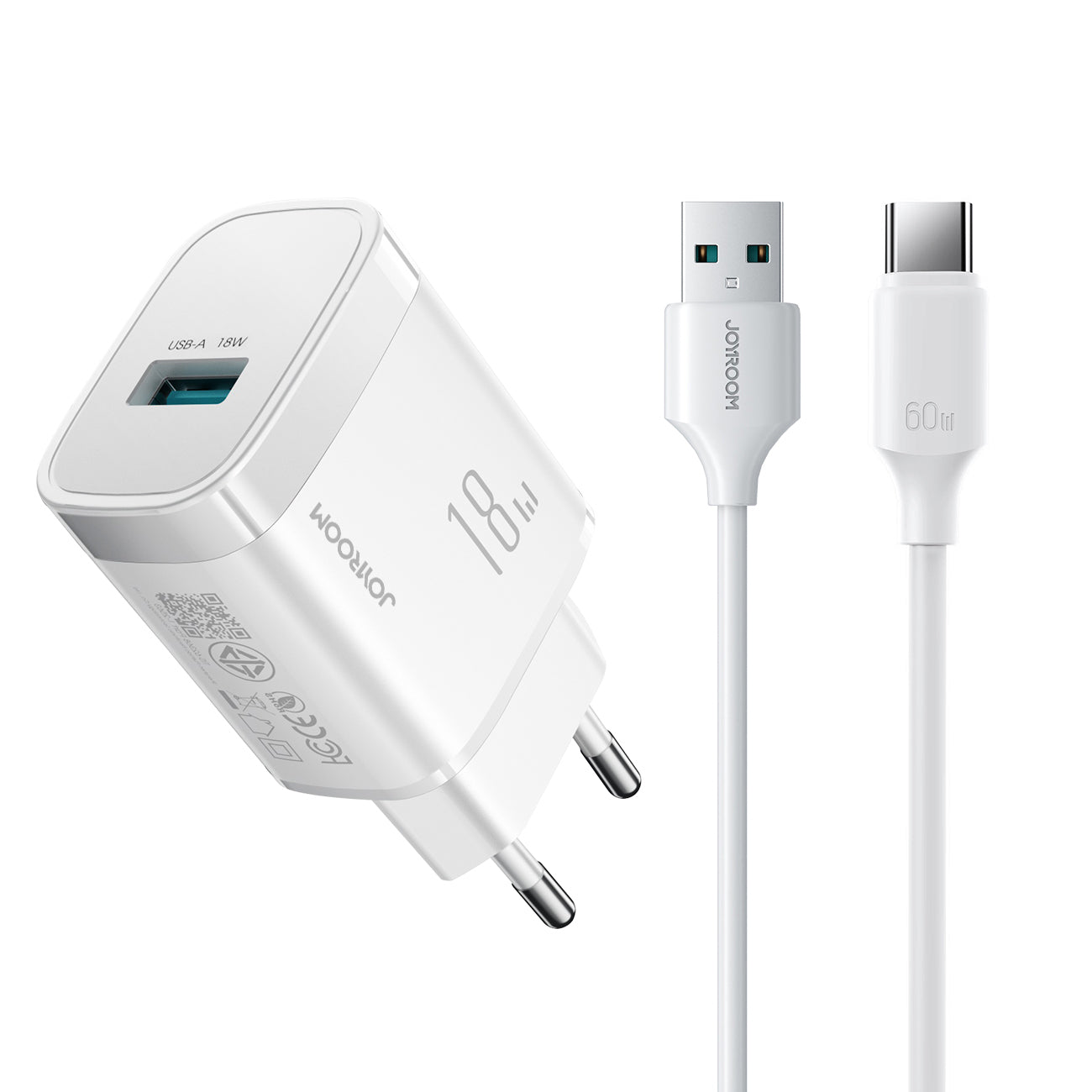 Joyroom JR-TF4 18W sieninis įkroviklis su 3A USB-A - USB-C 1m laidu - baltas