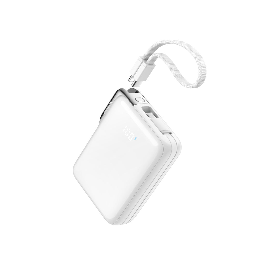 Joyroom JR-PBF27 Pro išorinė baterija 10000mAh 30W su integruotu USB-C laidu ir papildomu dvikrypčiu USB-C to Lightning laidu - balta