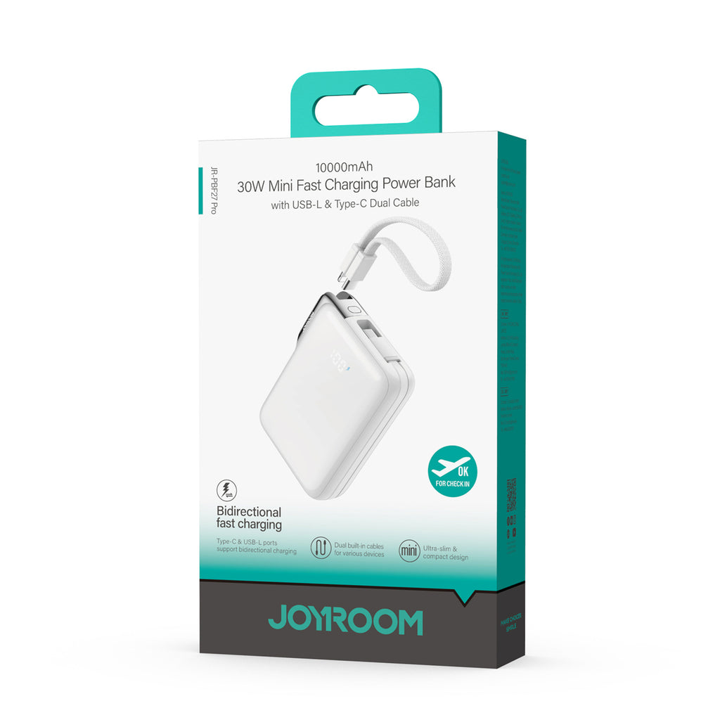 Joyroom JR-PBF27 Pro išorinė baterija 10000mAh 30W su integruotu USB-C laidu ir papildomu dvikrypčiu USB-C to Lightning laidu - balta