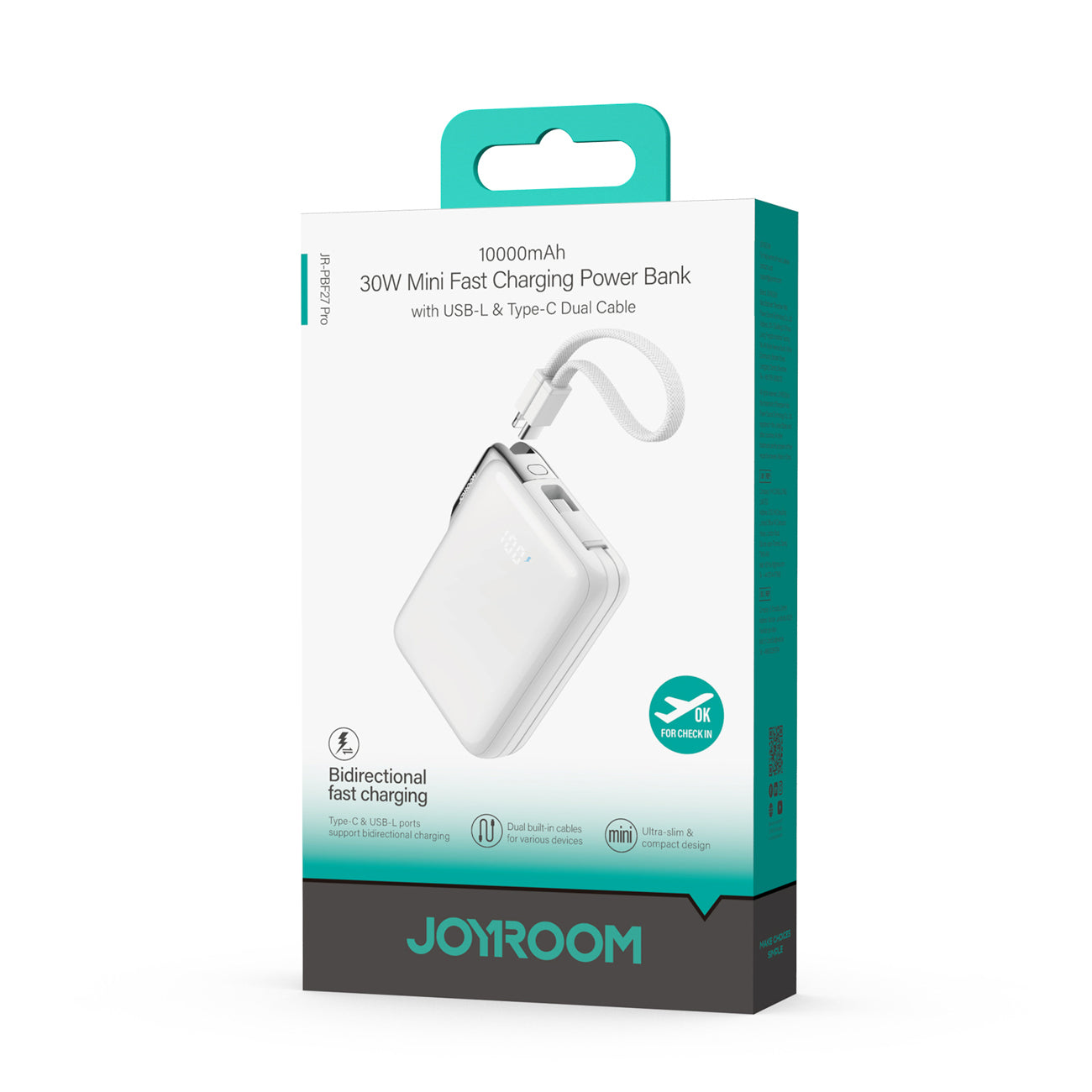 Joyroom JR-PBF27 Pro išorinė baterija 10000mAh 30W su integruotu USB-C laidu ir papildomu dvikrypčiu USB-C to Lightning laidu - balta