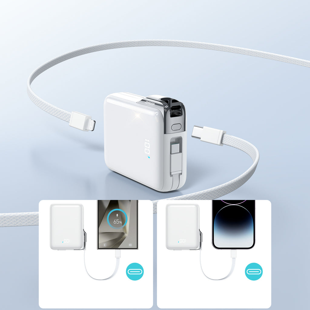 Joyroom JR-PBF27 Pro išorinė baterija 10000mAh 30W su integruotu USB-C laidu ir papildomu dvikrypčiu USB-C to Lightning laidu - balta