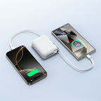 Joyroom JR-PBF27 Pro išorinė baterija 10000mAh 30W su integruotu USB-C laidu ir papildomu dvikrypčiu USB-C to Lightning laidu - balta