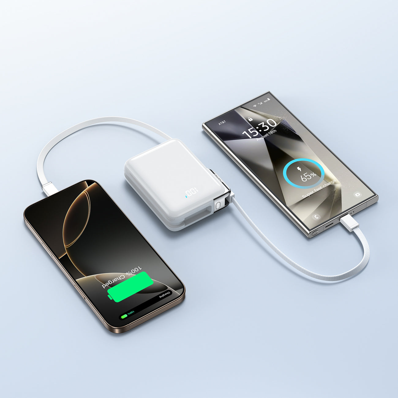 Joyroom JR-PBF27 Pro išorinė baterija 10000mAh 30W su integruotu USB-C laidu ir papildomu dvikrypčiu USB-C to Lightning laidu - balta