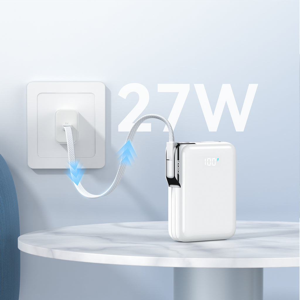 Joyroom JR-PBF27 Pro išorinė baterija 10000mAh 30W su integruotu USB-C laidu ir papildomu dvikrypčiu USB-C to Lightning laidu - balta