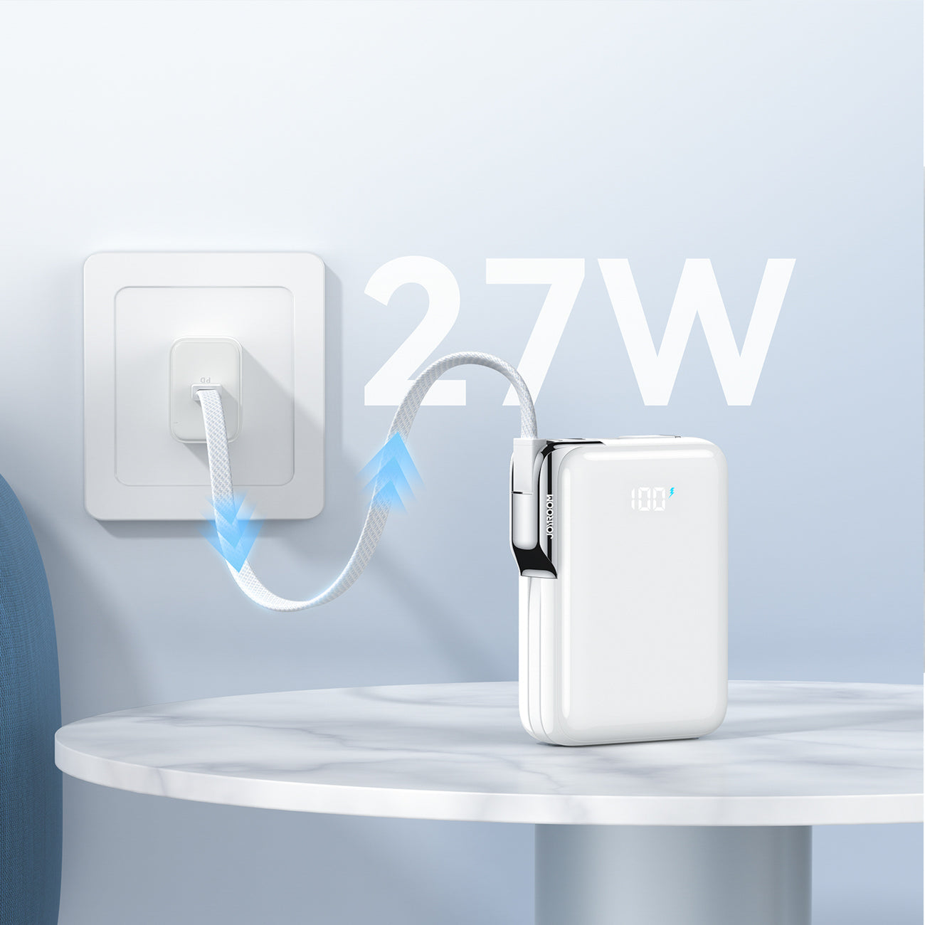 Joyroom JR-PBF27 Pro išorinė baterija 10000mAh 30W su integruotu USB-C laidu ir papildomu dvikrypčiu USB-C to Lightning laidu - balta