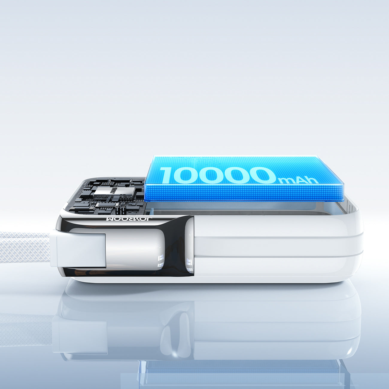Joyroom JR-PBF27 Pro išorinė baterija 10000mAh 30W su integruotu USB-C laidu ir papildomu dvikrypčiu USB-C to Lightning laidu - balta