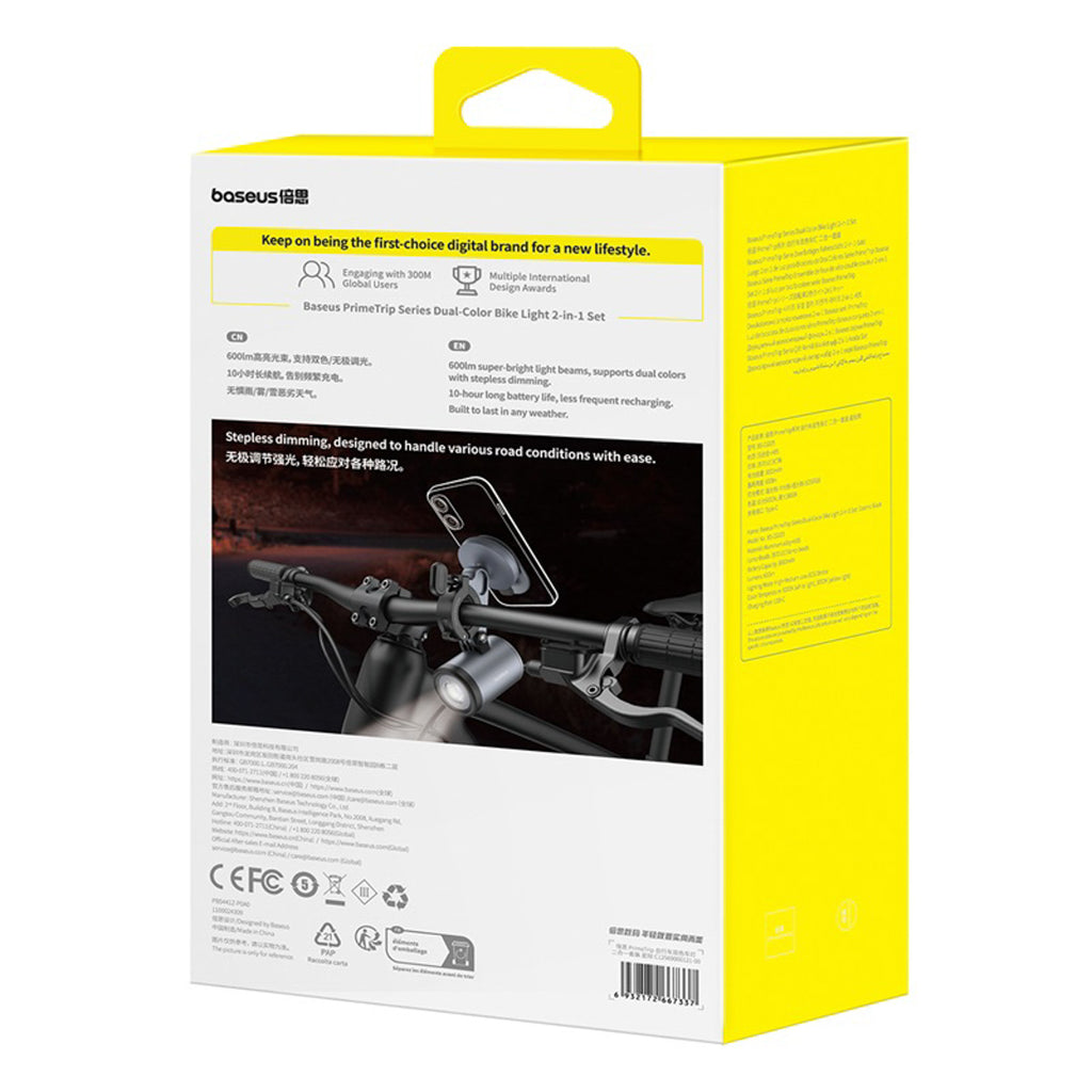 Laikiklis dviračiui su LED žibintu 2-in-1 Baseus PrimeTrip 3000mAh IP68 – juodas ir pilkas -- Bicycle Lights
