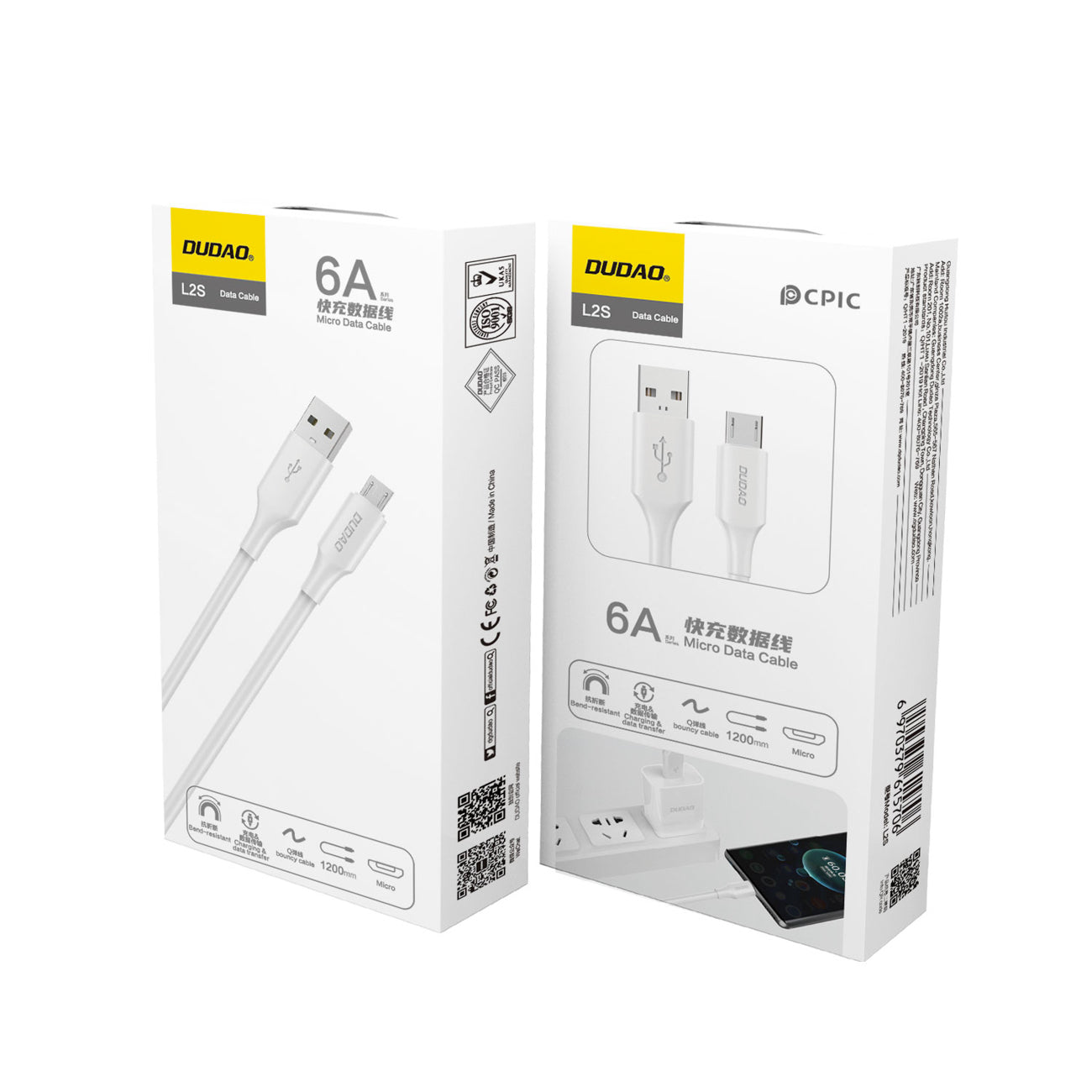 Dudao L2SM USB-A / micro USB 6A laidas 1.2 m - baltas