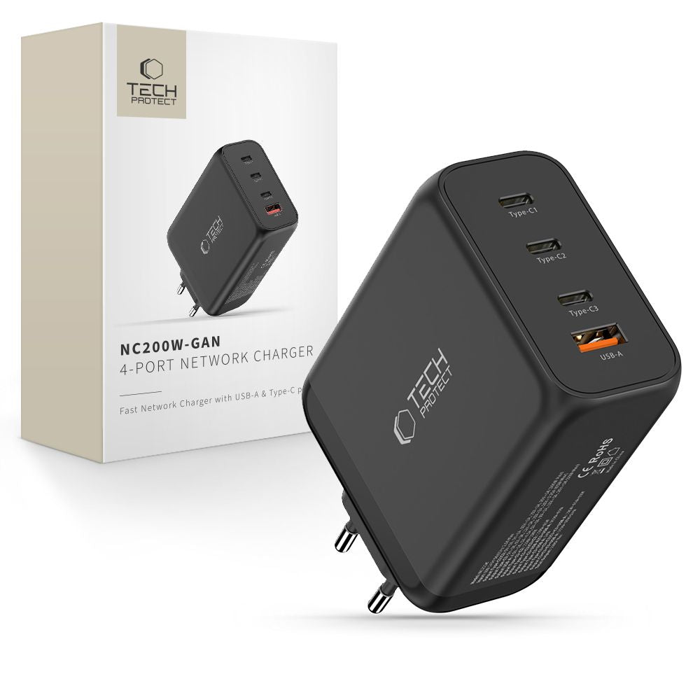 Tech-Protect NC200W-GaN 4-Port 200W sieninis įkroviklis - juodas -- Cell phone chargers