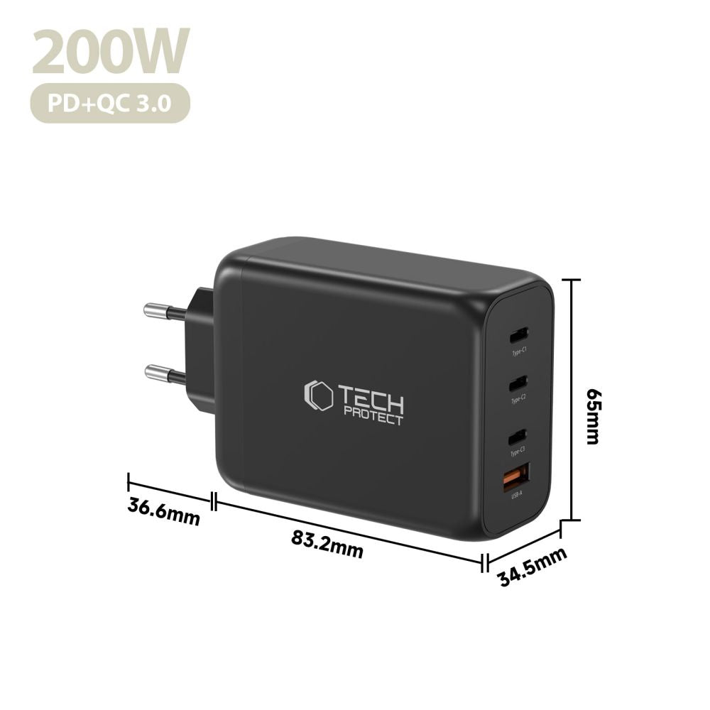 Tech-Protect NC200W-GaN 4-Port 200W sieninis įkroviklis - juodas -- Cell phone chargers