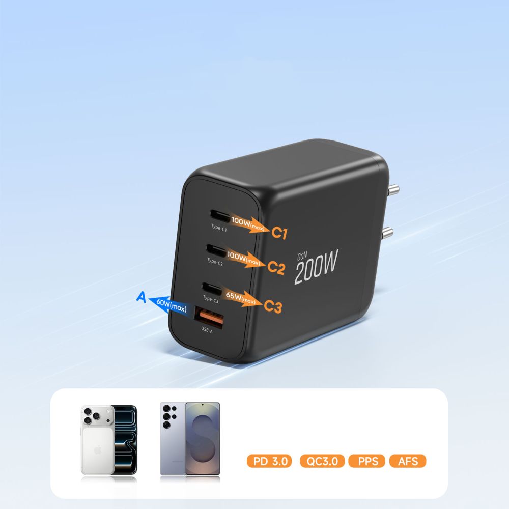 Tech-Protect NC200W-GaN 4-Port 200W sieninis įkroviklis - juodas -- Cell phone chargers