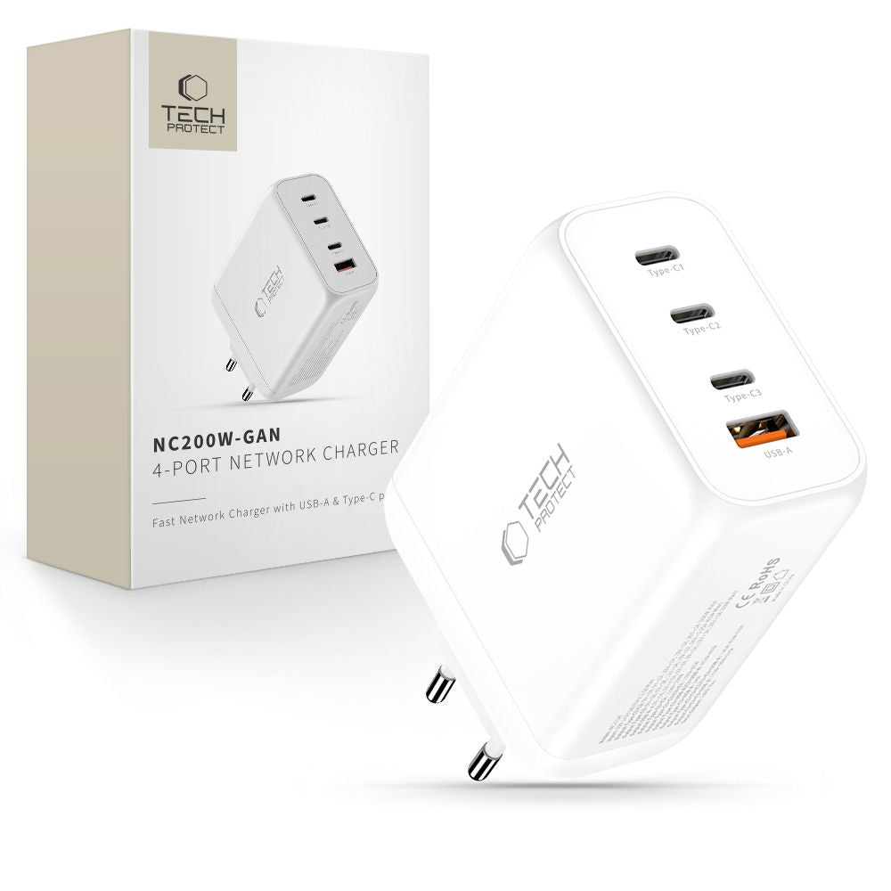 Tech-Protect NC200W-GaN 4-Port 200W sieninis įkroviklis - baltas -- Cell phone chargers