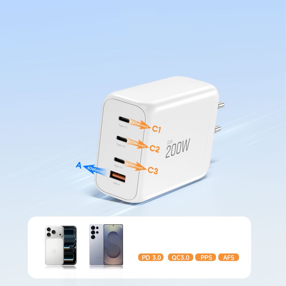 Tech-Protect NC200W-GaN 4-Port 200W sieninis įkroviklis - baltas -- Cell phone chargers
