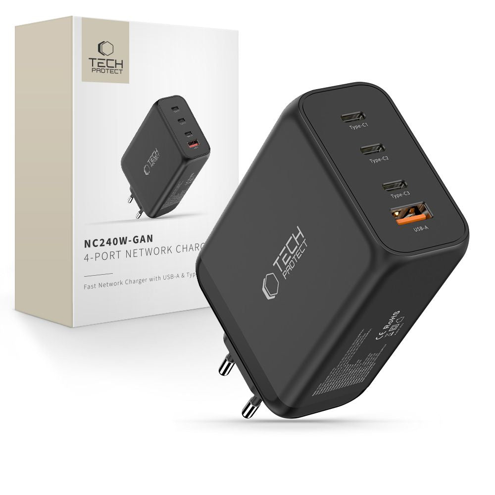 Tech-Protect NC240W-GaN 4-Port 240W sieninis įkroviklis - juodas -- Cell phone chargers