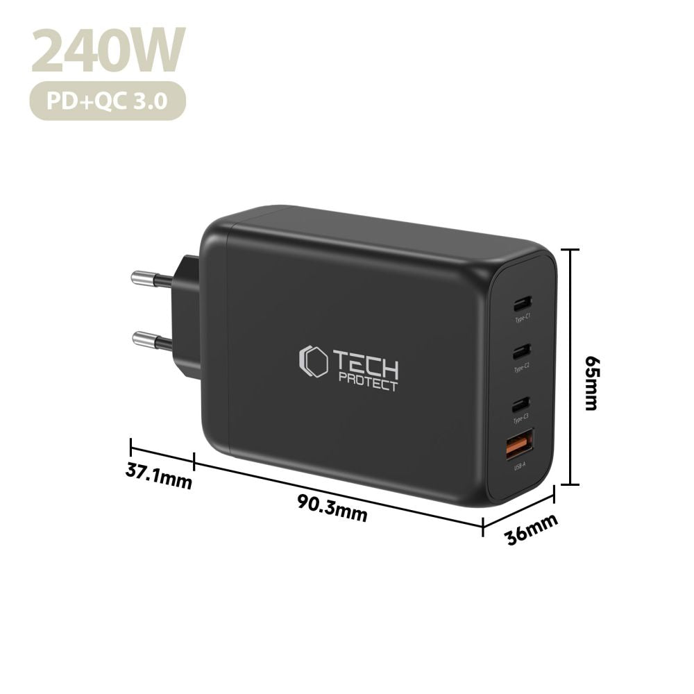 Tech-Protect NC240W-GaN 4-Port 240W sieninis įkroviklis - juodas -- Cell phone chargers