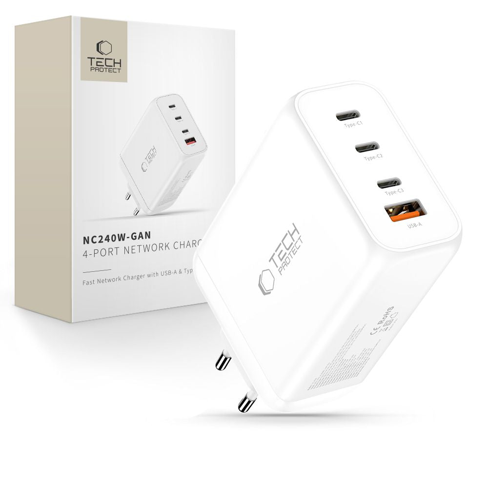 Tech-Protect NC240W-GaN 4-Port 240W sieninis įkroviklis - baltas -- Cell phone chargers