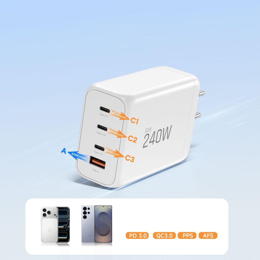 Tech-Protect NC240W-GaN 4-Port 240W sieninis įkroviklis - baltas -- Cell phone chargers