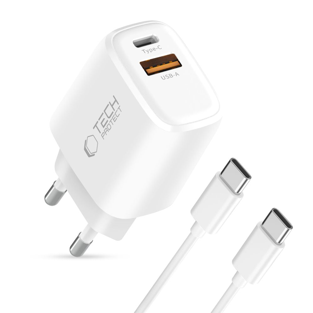 Tech-Protect NCA45W-GAN 2-Port 45W sieninis įkroviklis su USB-C laidu - baltas -- Cell phone chargers