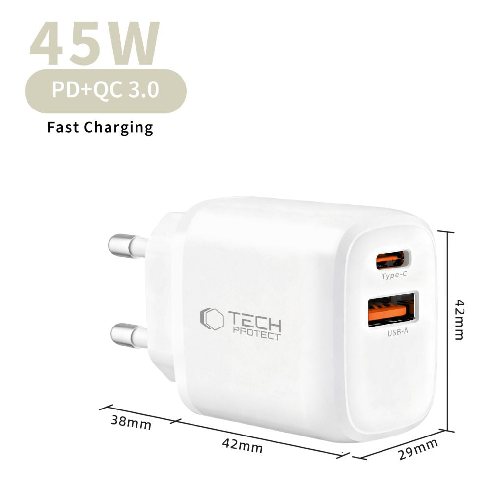 Tech-Protect NCA45W-GAN 2-Port 45W sieninis įkroviklis su USB-C laidu - baltas -- Cell phone chargers