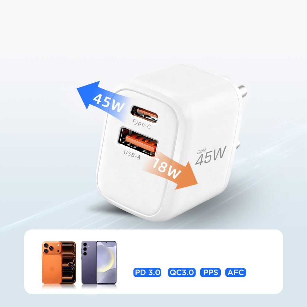 Tech-Protect NCA45W-GAN 2-Port 45W sieninis įkroviklis su USB-C laidu - baltas -- Cell phone chargers