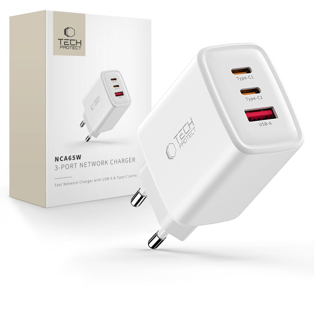 Tech-Protect NCA65W-GAN 3-Port 65W sieninis įkroviklis - baltas -- Cell phone chargers