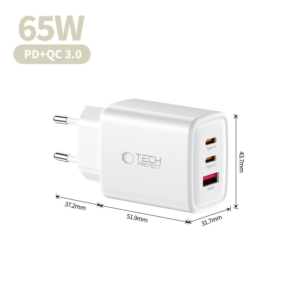 Tech-Protect NCA65W-GAN 3-Port 65W sieninis įkroviklis - baltas -- Cell phone chargers