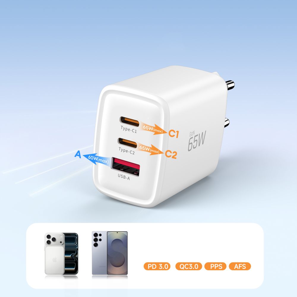 Tech-Protect NCA65W-GAN 3-Port 65W sieninis įkroviklis - baltas -- Cell phone chargers