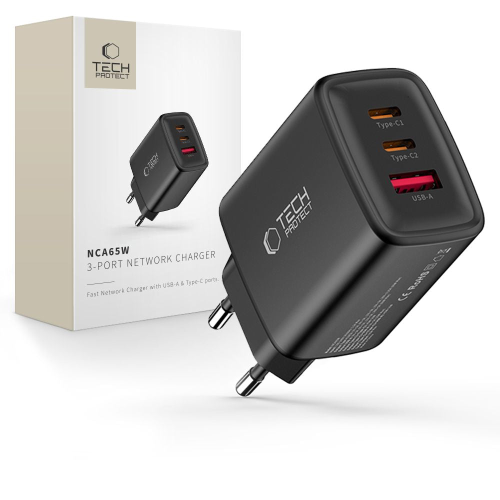 Tech-Protect NCA65W-GAN 3-Port 65W sieninis įkroviklis - juodas -- Cell phone chargers