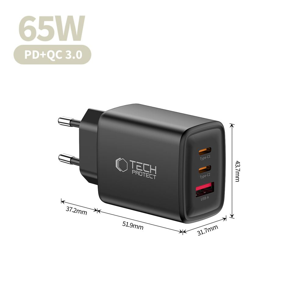 Tech-Protect NCA65W-GAN 3-Port 65W sieninis įkroviklis - juodas -- Cell phone chargers