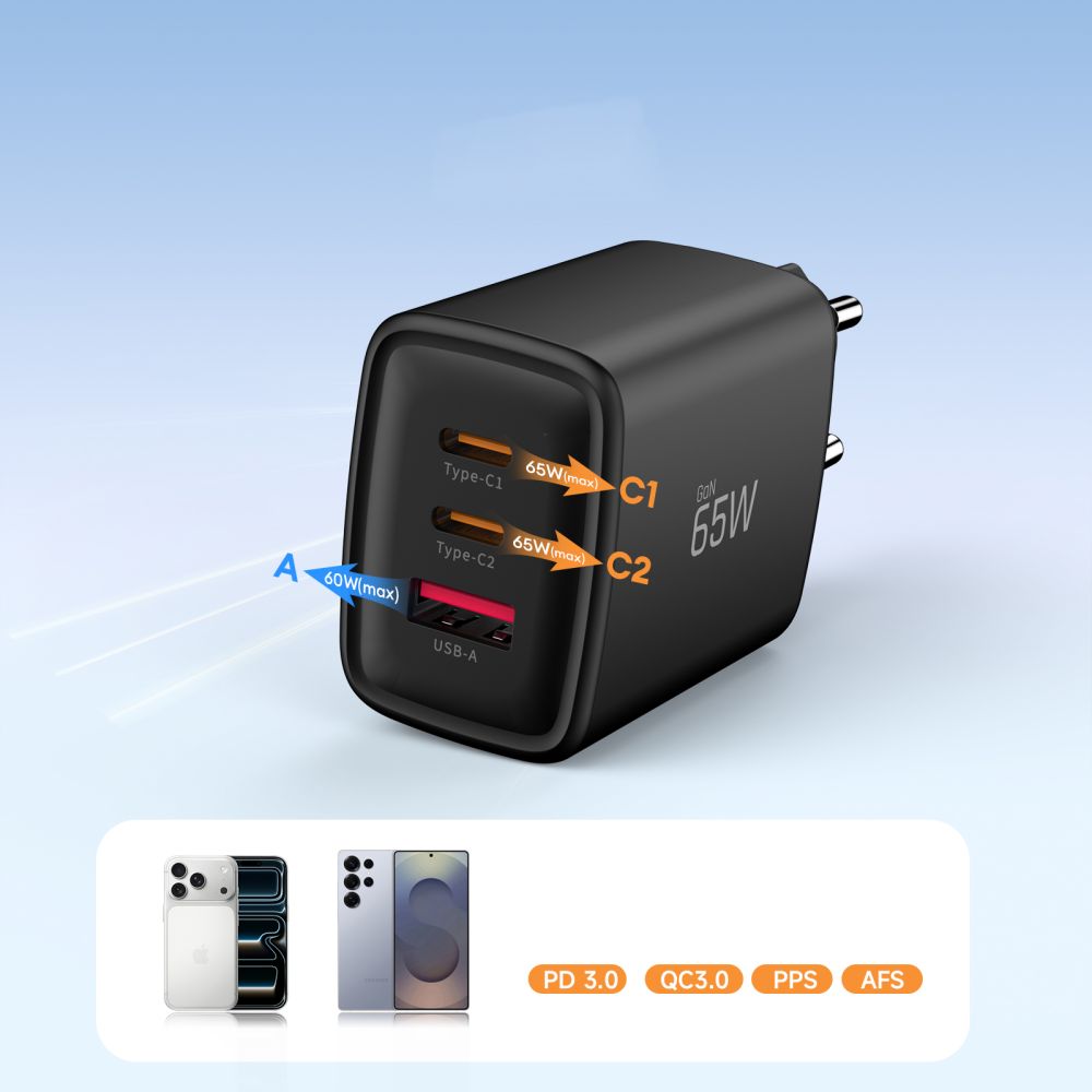 Tech-Protect NCA65W-GAN 3-Port 65W sieninis įkroviklis - juodas -- Cell phone chargers