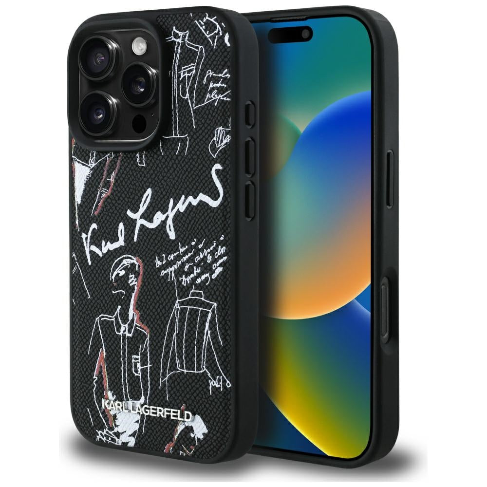 Karl Lagerfeld grūdėtas raštas ir logotipas MagSafe Dėklas, skirtas iPhone 16 Pro Max – juodas