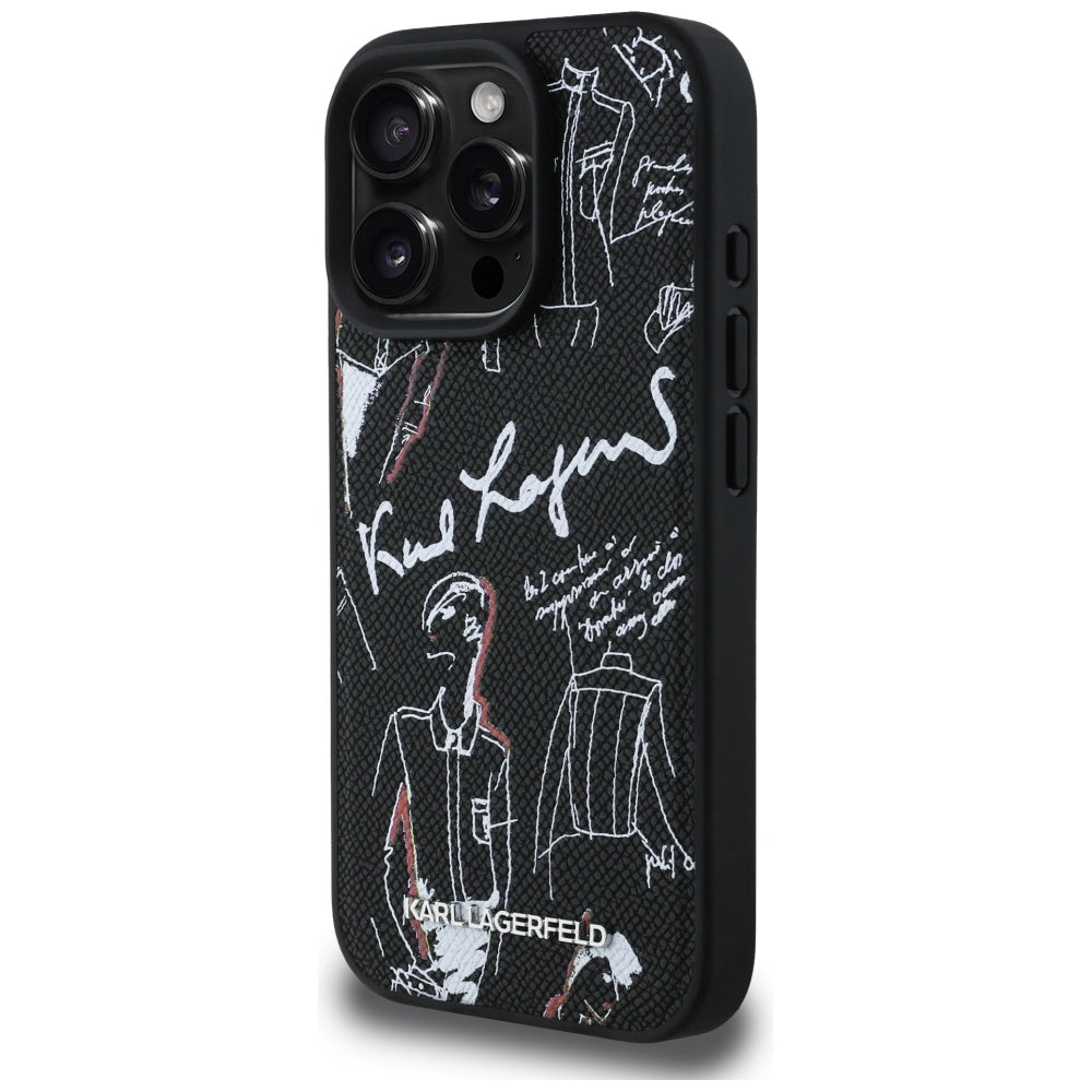 Karl Lagerfeld grūdėtas raštas ir logotipas MagSafe Dėklas, skirtas iPhone 16 Pro Max – juodas