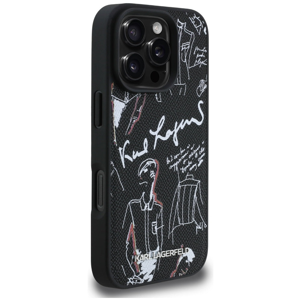 Karl Lagerfeld grūdėtas raštas ir logotipas MagSafe Dėklas, skirtas iPhone 16 Pro Max – juodas