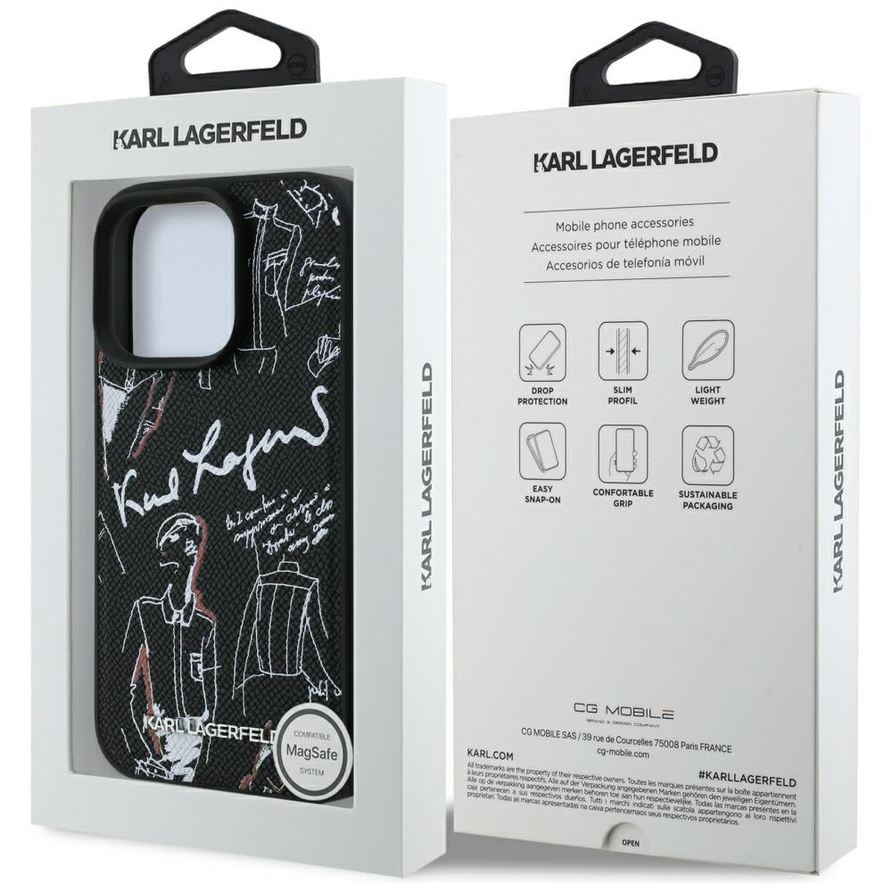 Karl Lagerfeld grūdėtas raštas ir logotipas MagSafe Dėklas, skirtas iPhone 16 Pro Max – juodas