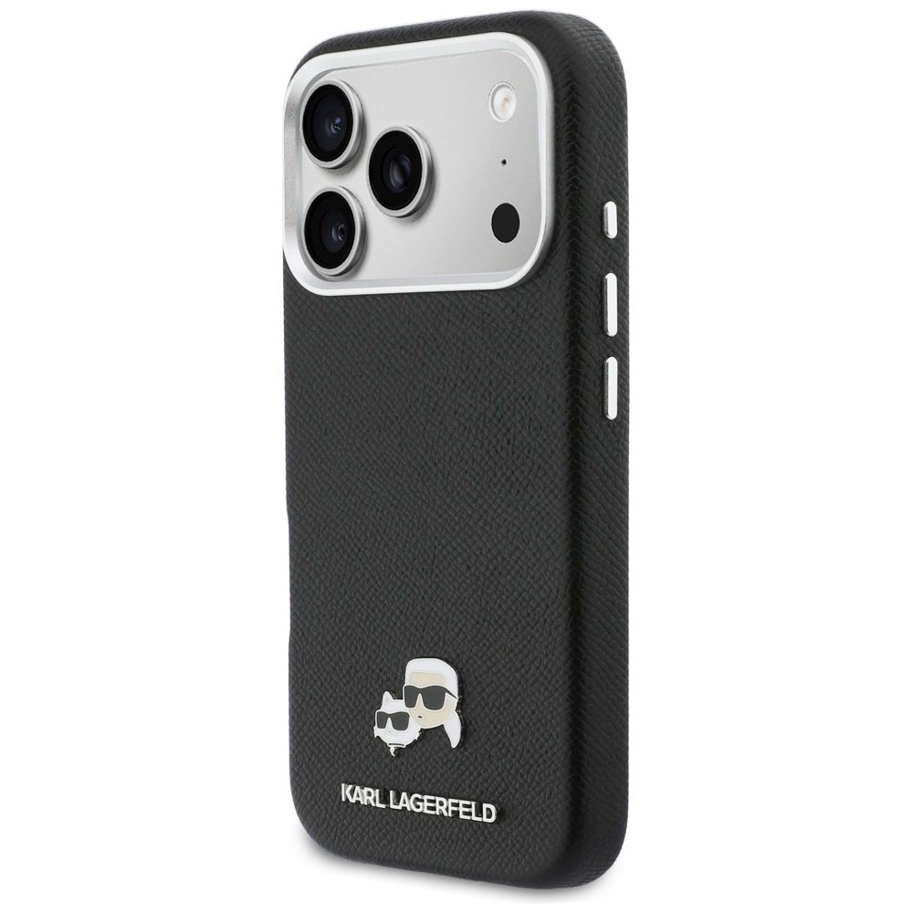 Karl Lagerfeld Karl & Choupette Head Pins Saffiano MagSafe dėklas iPhone 17 Pro Max - juodas -- iPhone 17 Pro Max