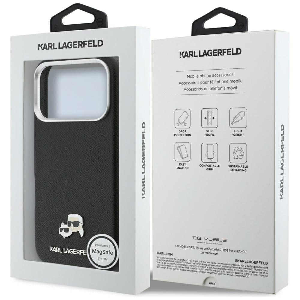 Karl Lagerfeld Karl & Choupette Head Pins Saffiano MagSafe dėklas iPhone 17 Pro Max - juodas -- iPhone 17 Pro Max