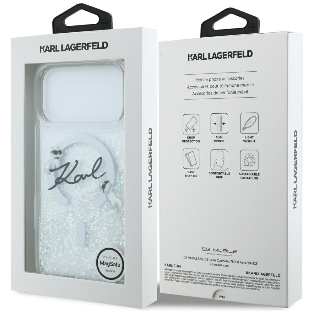 Karl Lagerfeld Liquid Glitter Karl Script Logo MagSafe dėklas iPhone 17 Pro Max - skaidrus -- iPhone 17 Pro Max