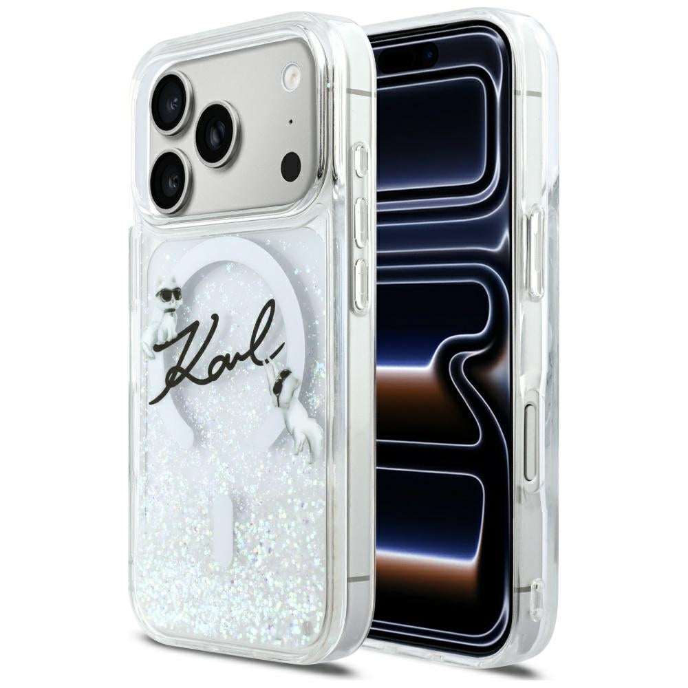 Karl Lagerfeld Liquid Glitter Karl Script logotipas MagSafe Dėklas, skirtas iPhone 17 Pro – skaidrus