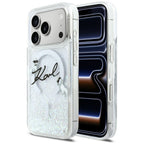 Karl Lagerfeld Liquid Glitter Karl Script logotipas MagSafe Dėklas, skirtas iPhone 17 Pro – skaidrus
