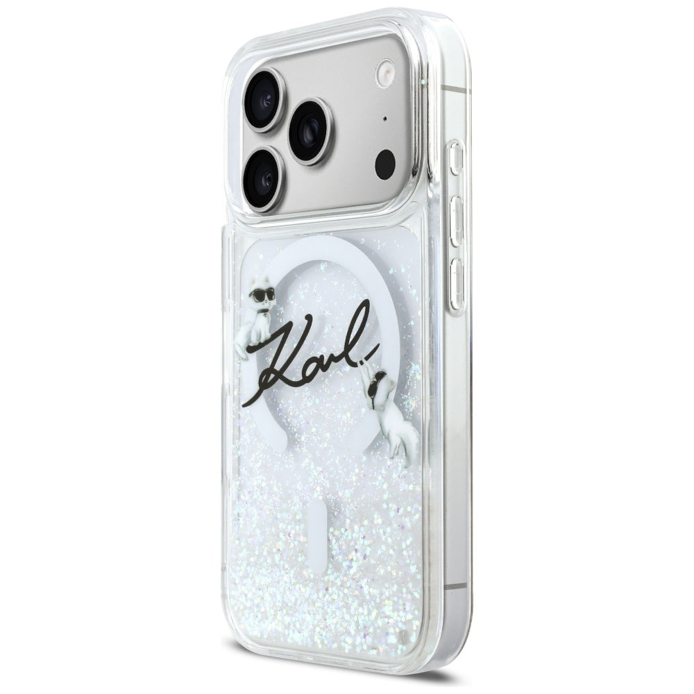 Karl Lagerfeld Liquid Glitter Karl Script logotipas MagSafe Dėklas, skirtas iPhone 17 Pro – skaidrus