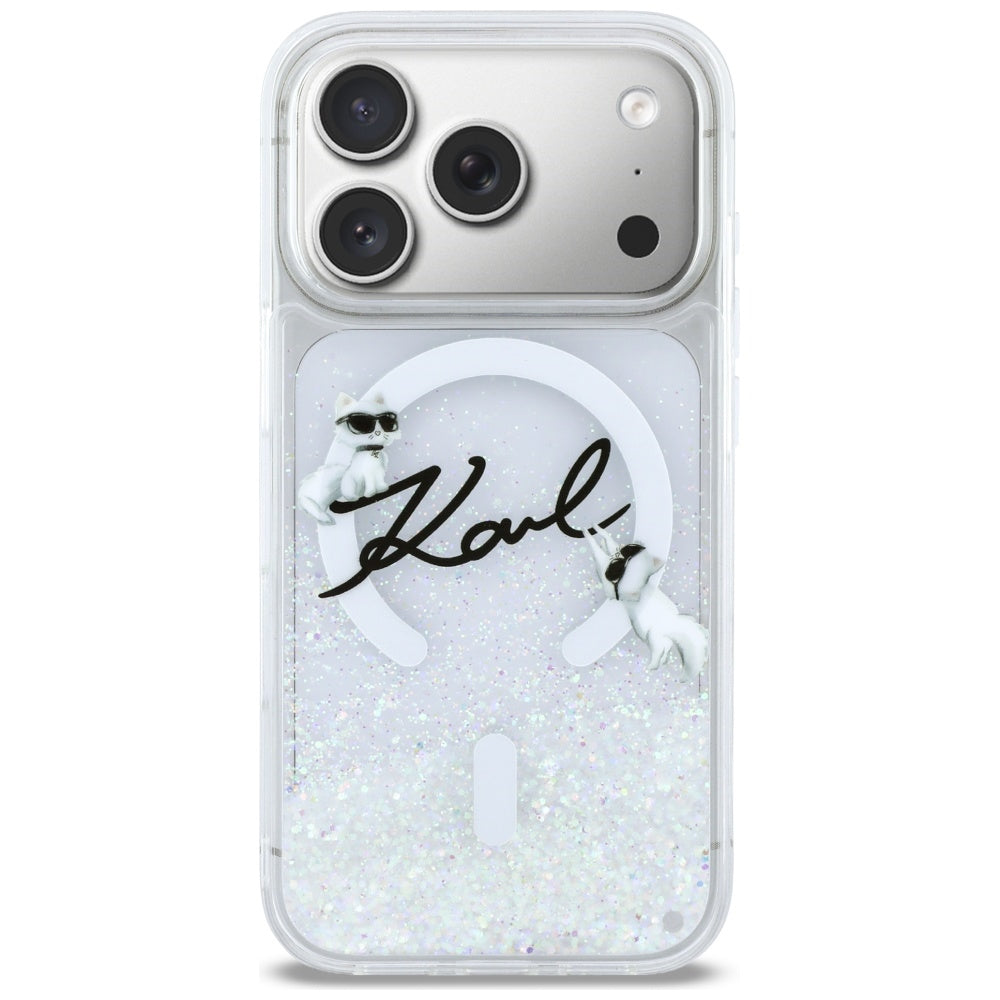 Karl Lagerfeld Liquid Glitter Karl Script logotipas MagSafe Dėklas, skirtas iPhone 17 Pro – skaidrus