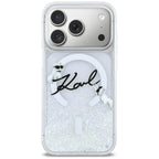 Karl Lagerfeld Liquid Glitter Karl Script logotipas MagSafe Dėklas, skirtas iPhone 17 Pro – skaidrus
