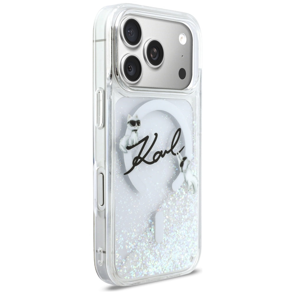 Karl Lagerfeld Liquid Glitter Karl Script logotipas MagSafe Dėklas, skirtas iPhone 17 Pro – skaidrus