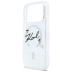 Karl Lagerfeld Liquid Glitter Karl Script logotipas MagSafe Dėklas, skirtas iPhone 17 Pro – skaidrus