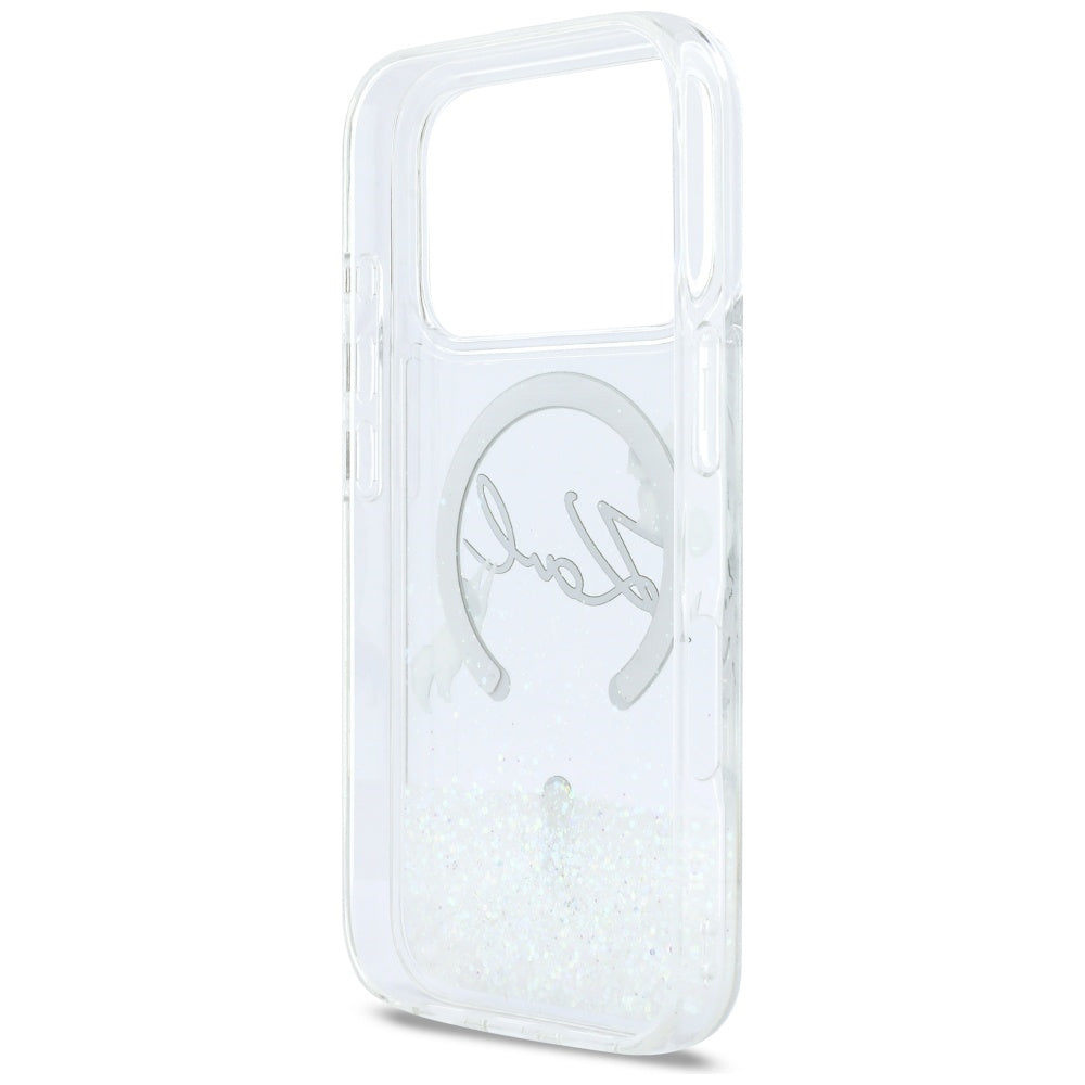 Karl Lagerfeld Liquid Glitter Karl Script logotipas MagSafe Dėklas, skirtas iPhone 17 Pro – skaidrus