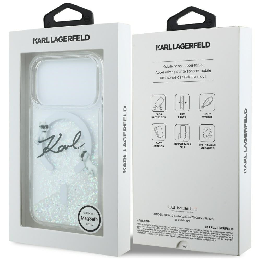 Karl Lagerfeld Liquid Glitter Karl Script logotipas MagSafe Dėklas, skirtas iPhone 17 Pro – skaidrus