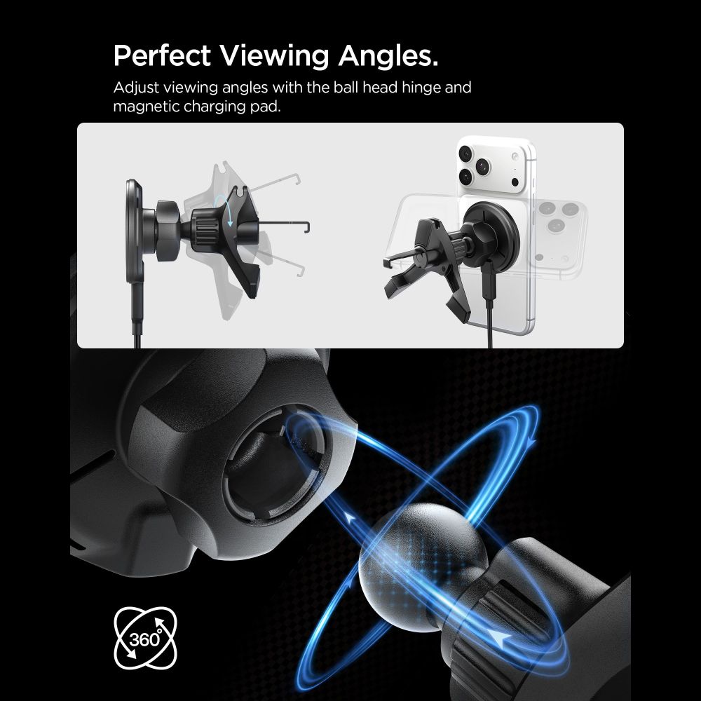 Spigen EV15MAQ Essential Qi2 MagSafe automobilinis laikiklis oro ventiliacijos angai - juodas