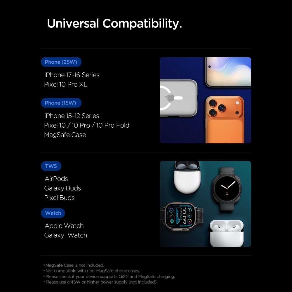 Spigen Essential Qi2.2 25W 3in1 MagSafe Magnetic belaidis įkroviklis - juodas