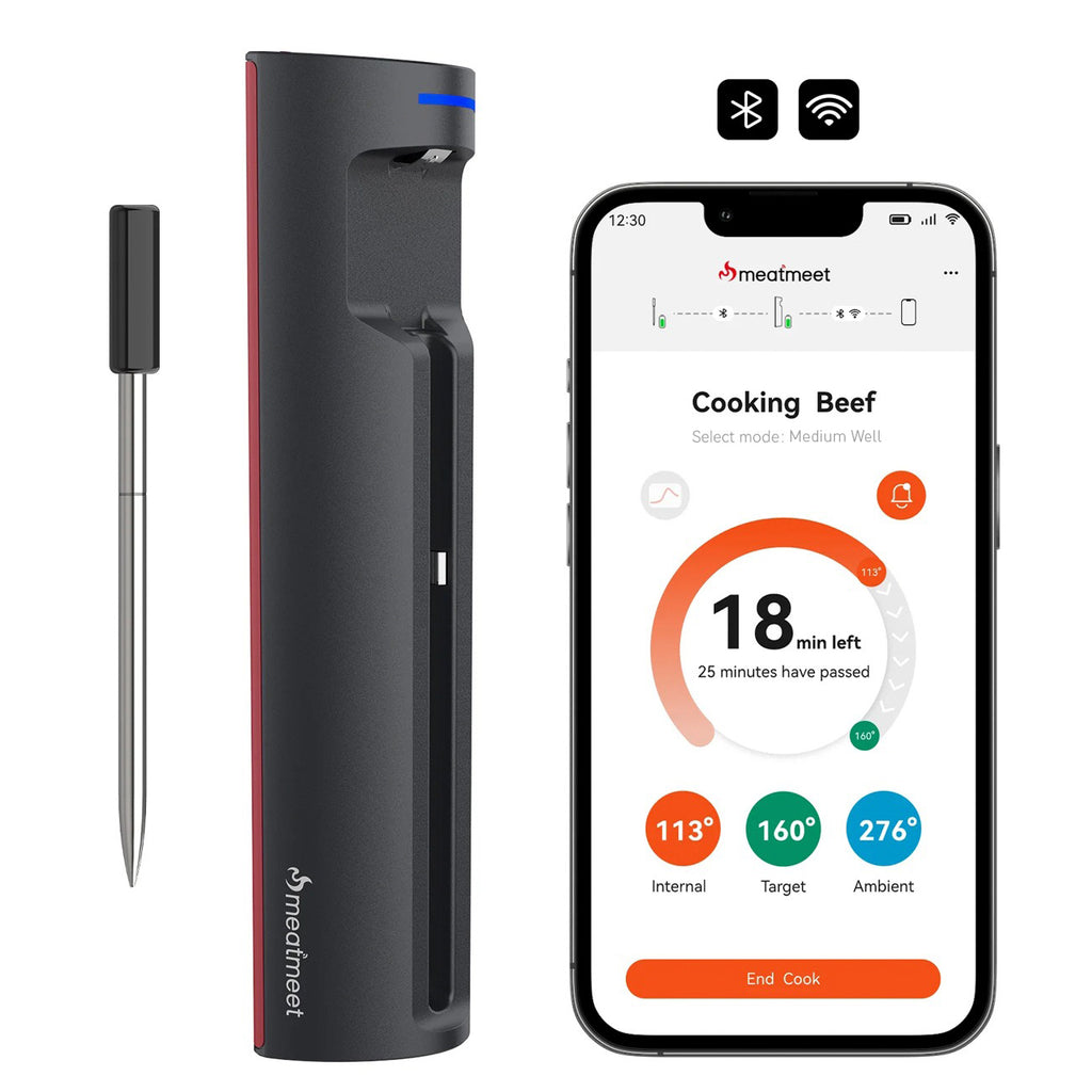 Meatmeet Pro išmanus virtuvės termometras su Bluetooth/WiFi programa, šildymo grilis, orkaitė, rūkytoja - juoda --...